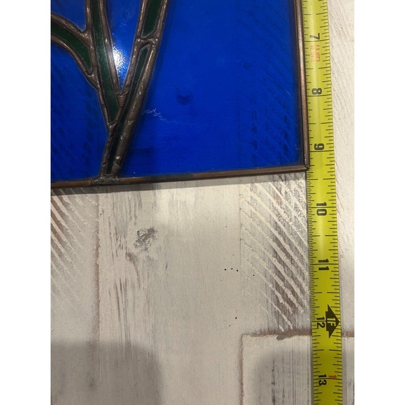 Stained Glass Daffodil Floral Sun Catcher Blue Yellow Green Square Panel - Picture 5 of 6